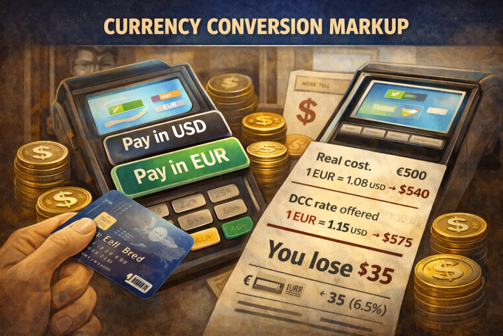 Hidden costs of international hotel stays demonstrating currency conversion markup with payment terminal showing pay in USD or EUR options