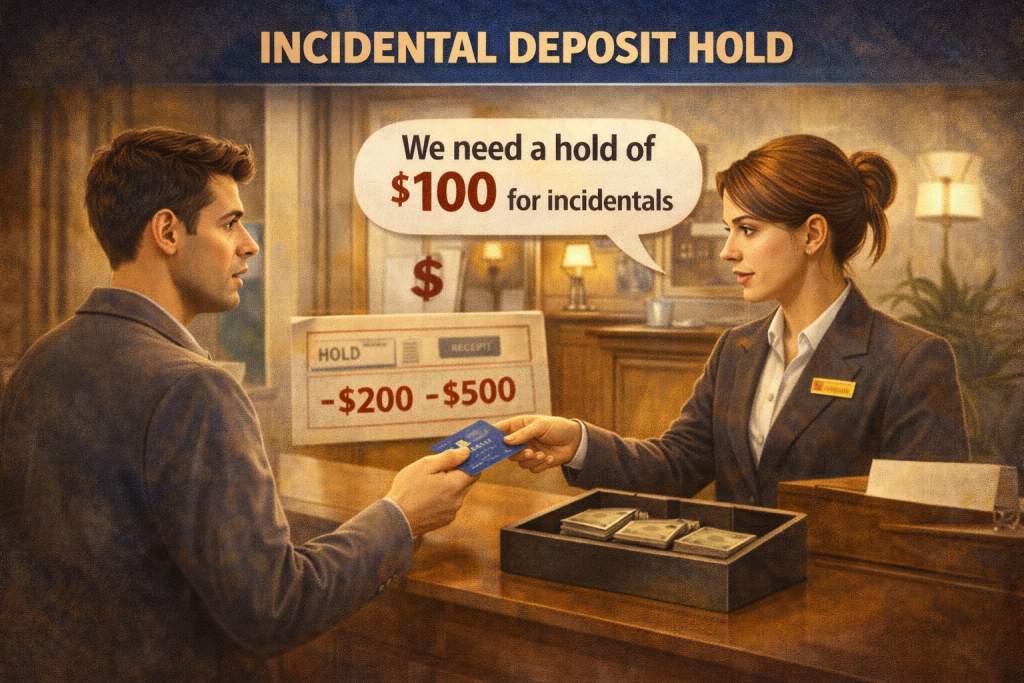 Hidden costs of international hotel stays highlighting incidental deposit hold requested at hotel check-in using credit card