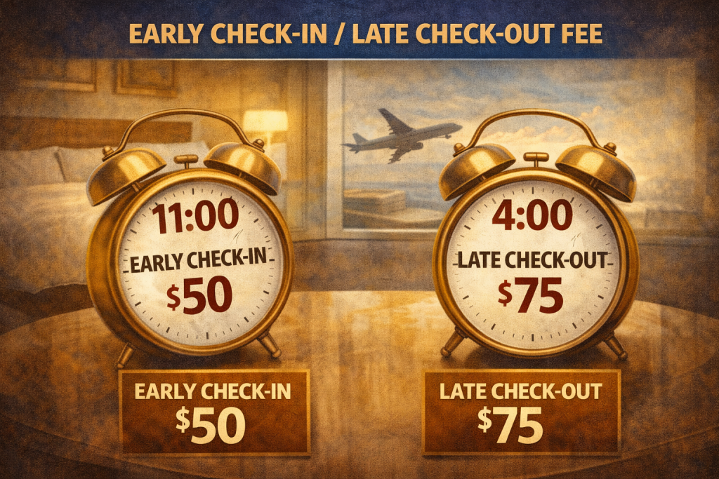 Hidden costs of international hotel stays showing early check-in and late check-out fees with clock illustrations and hotel setting