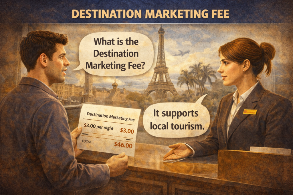 Hidden costs of international hotel stays showing destination marketing fee added to hotel bill and guest questioning receptionist