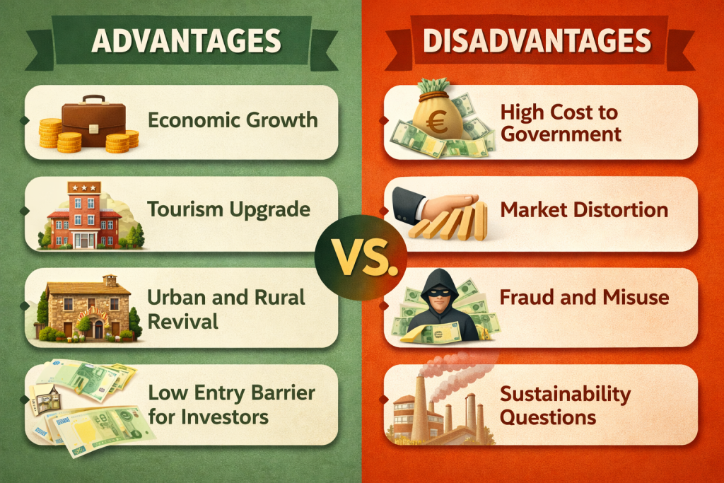 Split visual showing benefits and risks that explain How Italy’s Tax Incentive Created New Boutique Hotels