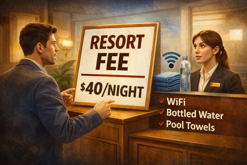Hidden costs of international hotel stays showing unexpected resort fee at hotel reception desk with guest surprised by extra charge