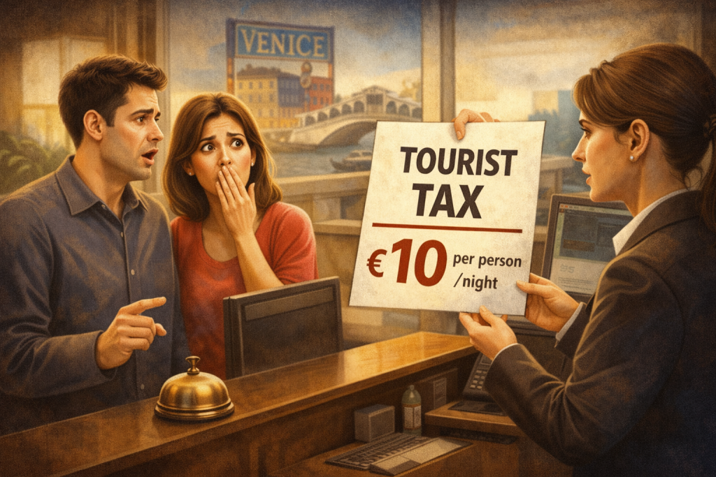 Hidden costs of international hotel stays illustrating tourist tax per person at hotel check-in in a European city
