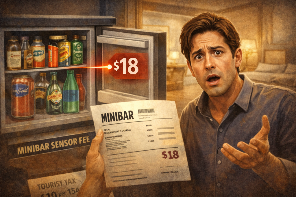 Hidden costs of international hotel stays showing minibar sensor charging guest for item not consumed in hotel room