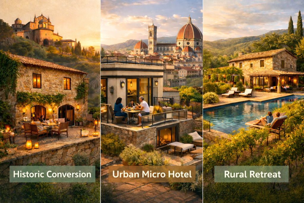 Visual representation of historic conversion, urban micro hotel, and rural retreat illustrating How Italy’s Tax Incentive Created New Boutique Hotels through diverse property transformations.
