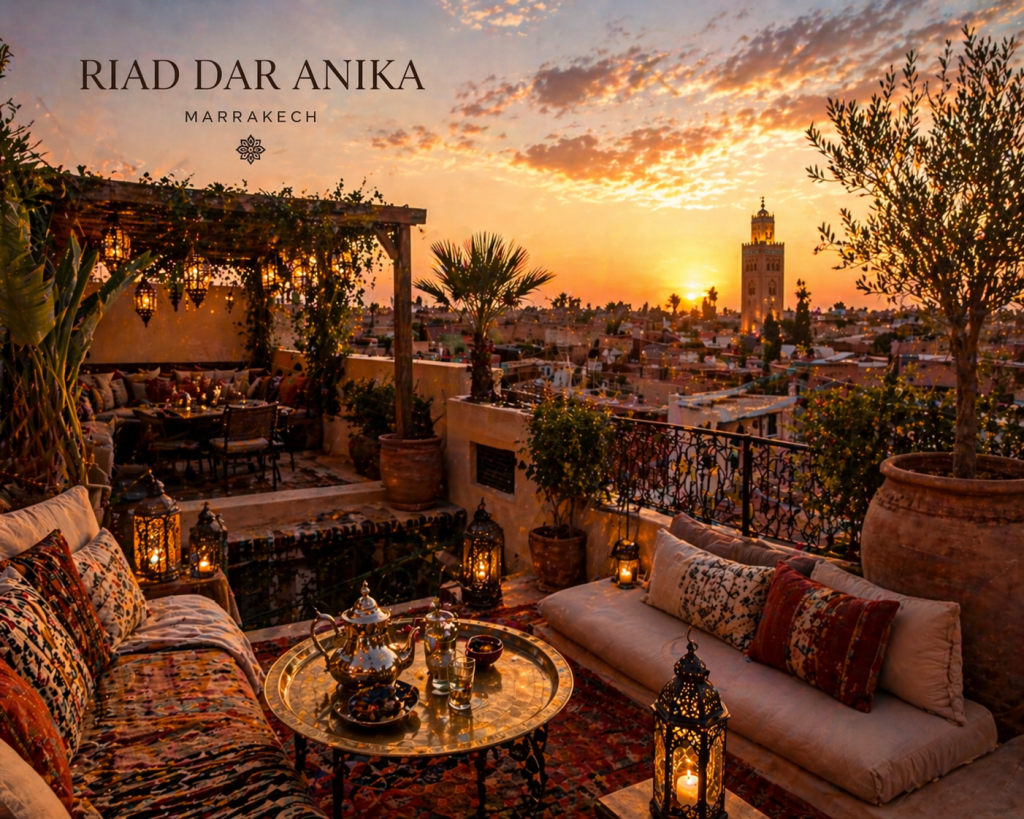 hidden riads in Marrakech with secret rooftops rooftop terrace with lanterns at sunset