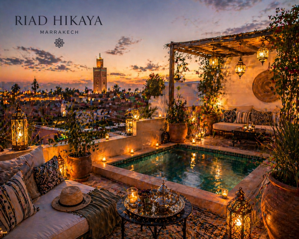 hidden riads in Marrakech with secret rooftops night dining terrace Morocco skyline