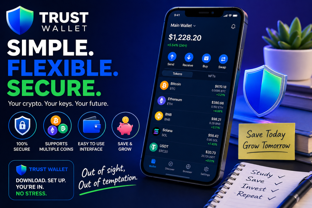 best crypto wallets for students showing Trust Wallet simple savings interface