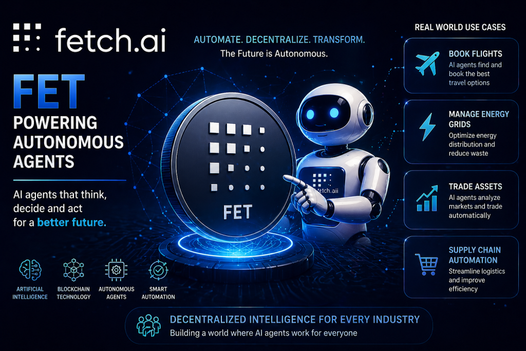 Futuristic Fetch.ai autonomous agents concept showing AI automation system and digital network for AI crypto coins to watch