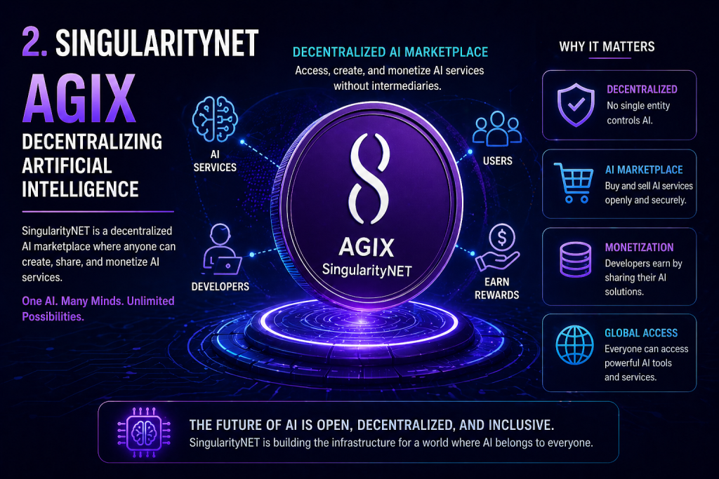 Decentralized AI marketplace visual representing SingularityNET platform and innovation in AI crypto coins to watch