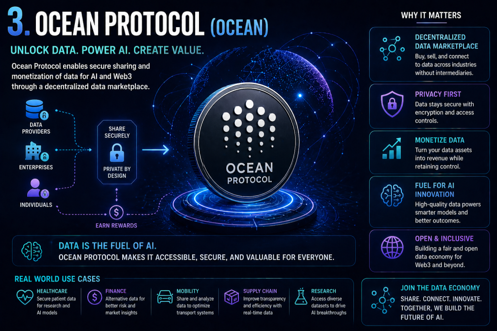 Secure data sharing network with blockchain and AI integration illustrating Ocean Protocol among AI crypto coins to watch