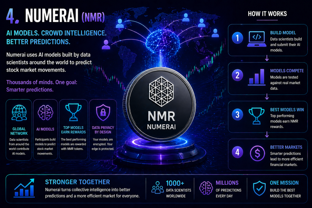 AI-powered financial prediction system with global data network representing Numerai in AI crypto coins to watch
