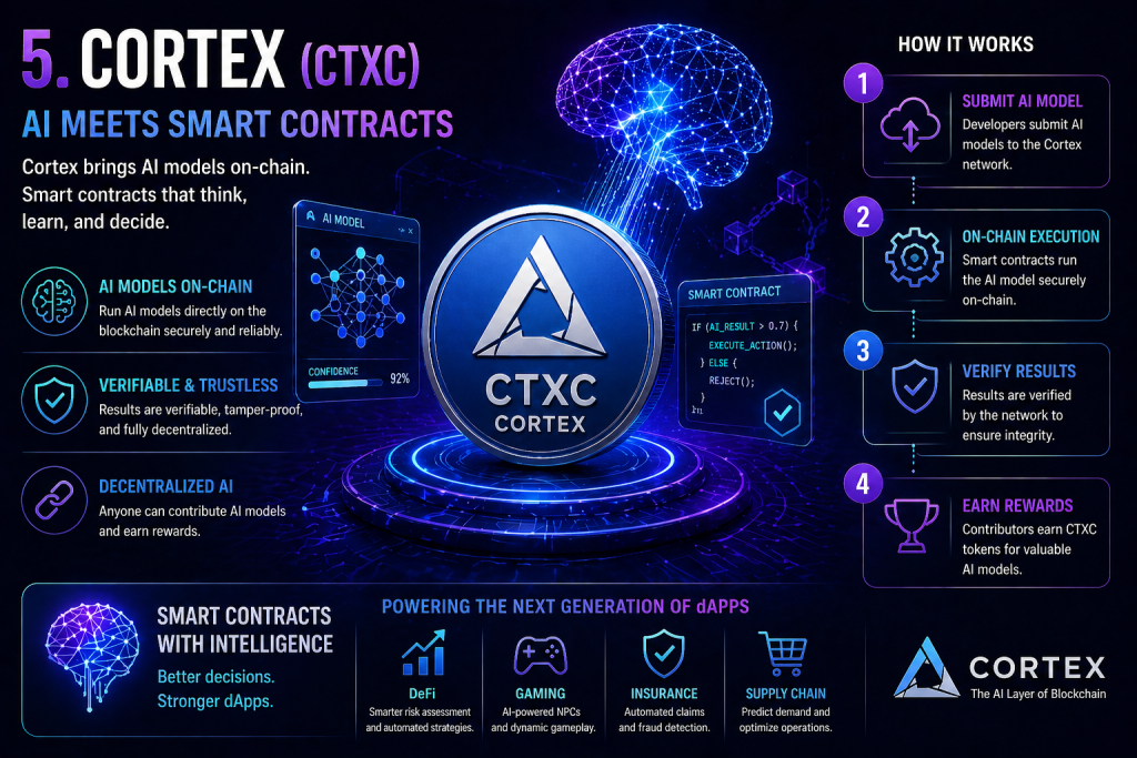 Smart contract with embedded AI model visualization showing Cortex blockchain innovation in AI crypto coins to watch
