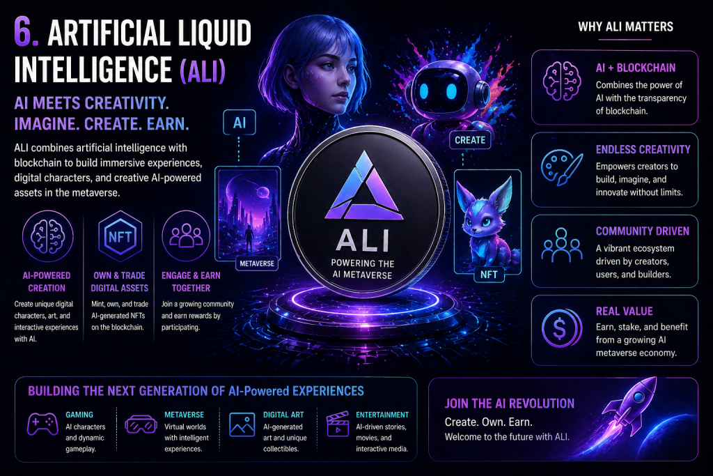 Creative AI metaverse scene with digital characters and NFTs representing ALI among AI crypto coins to watch
