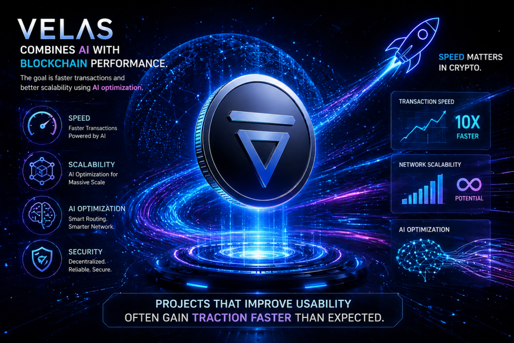 High-speed AI-optimized blockchain network with glowing digital infrastructure showcasing Velas as AI crypto coins to watch