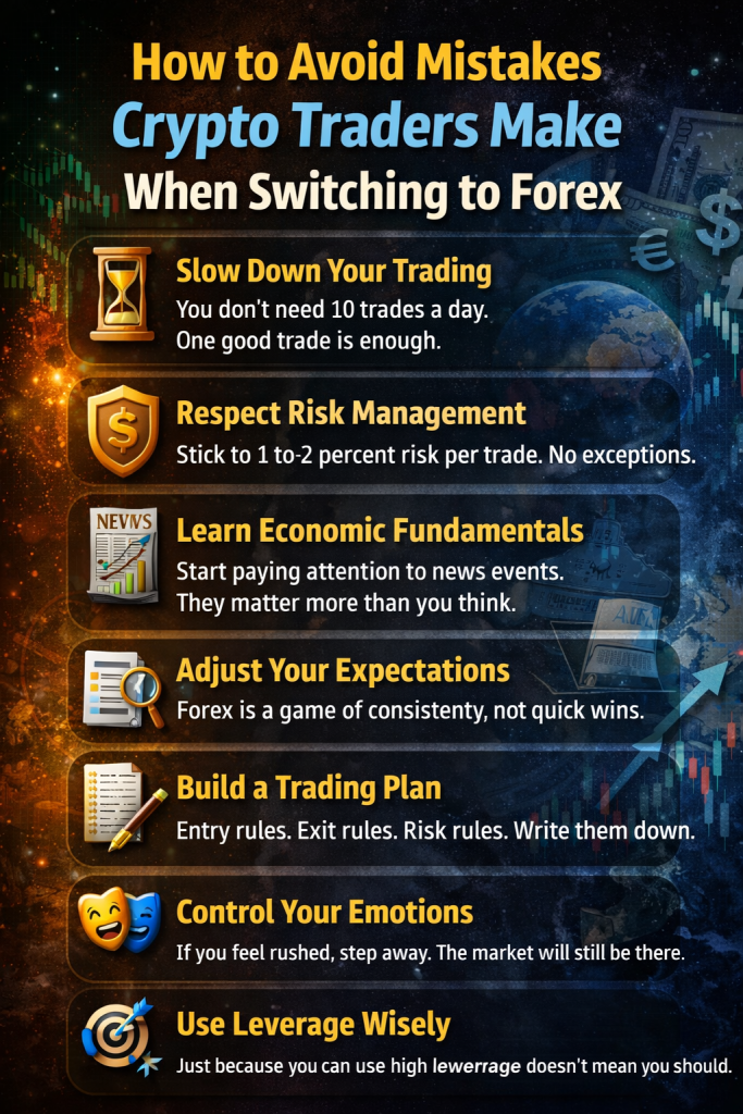 How to Avoid Mistakes Crypto Traders Make When Switching to Forex illustrated with a disciplined trader setup, forex charts, risk management symbols, and calm market analysis environment showing patience and structured trading decisions