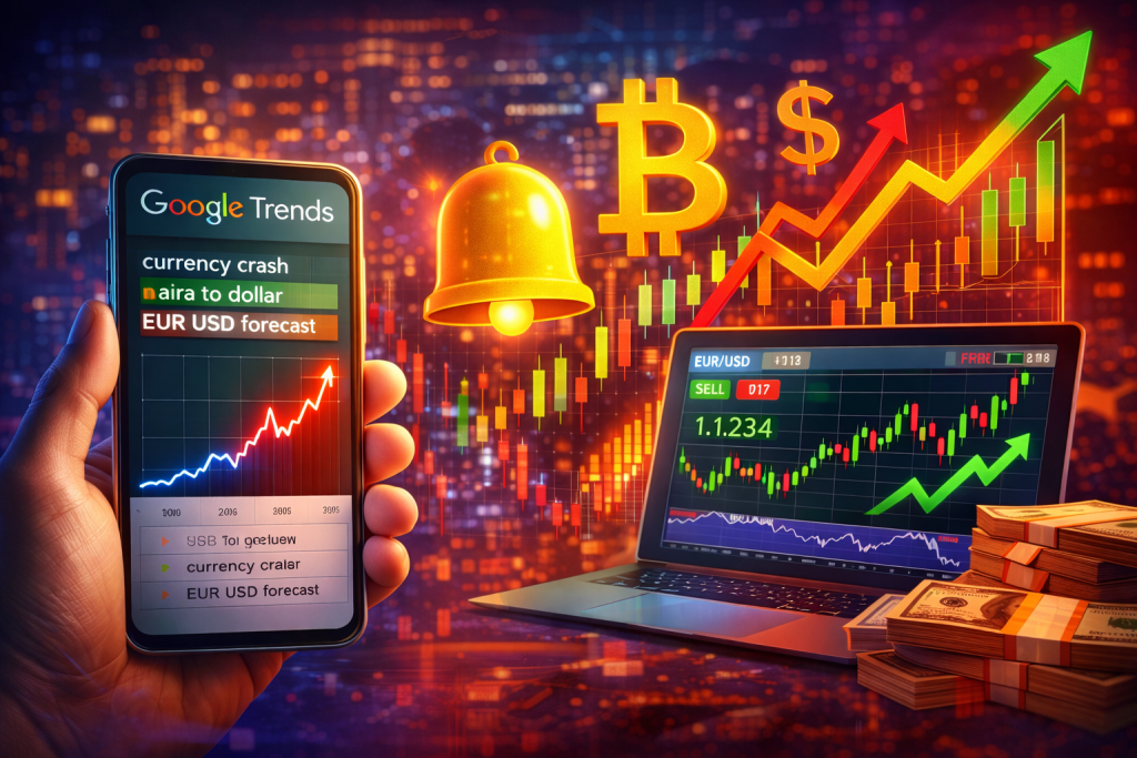 Forex trading concept with smartphone displaying search trends, glowing alert icon, rising candlestick chart, and digital currency symbols against a vibrant cityscape background