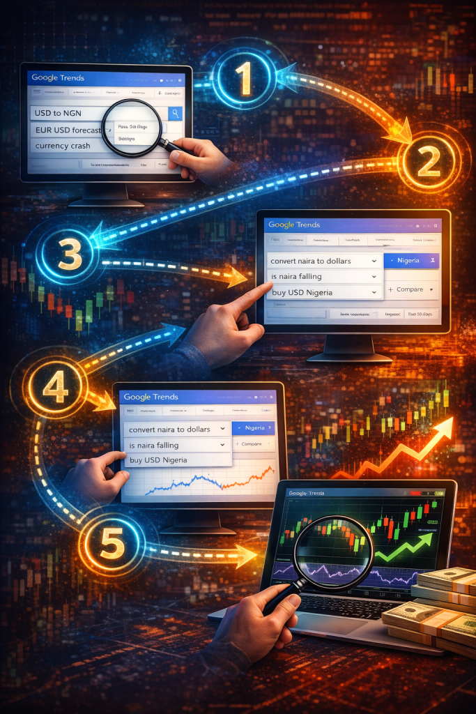 Visual workflow illustrating How to Predict Volatility 2 Weeks early, showing a sequence from search trend spikes to forex price chart movements connected by arrows and magnified data points, revealing how market interest builds before volatility unfolds