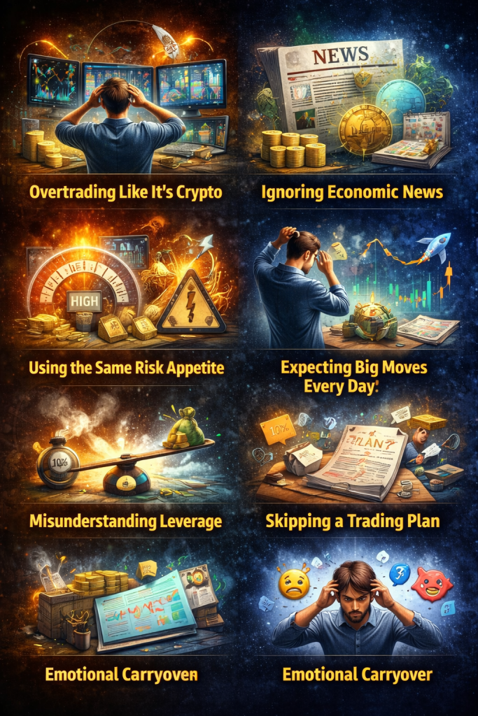 Crypto trader overwhelmed by multiple screens, market charts, news alerts, and risky trades illustrating Mistakes Crypto Traders Make When Switching to Forex