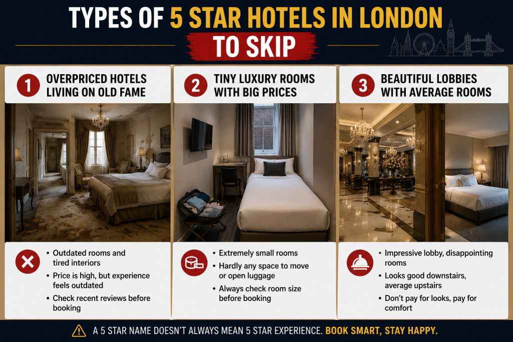 London hotel guide explaining existing types of 5-star hotels in London to skip for better comfort and value