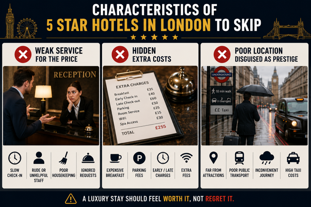 Infographic showing key signs of 5-star hotels in London to skip, including weak service, hidden extra costs, and poor location.