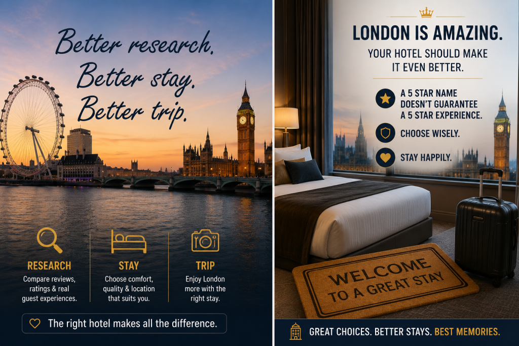 London travel image showing better research, better stay, and better trip as advice before booking 5-star hotels in London to skip