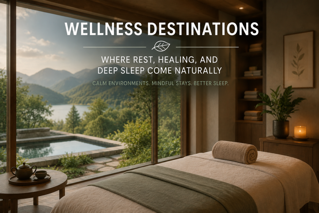 Best Quiet Hotels for Light Sleepers in a peaceful wellness resort room with spa bed, mountain view, greenery, and calm natural surroundings