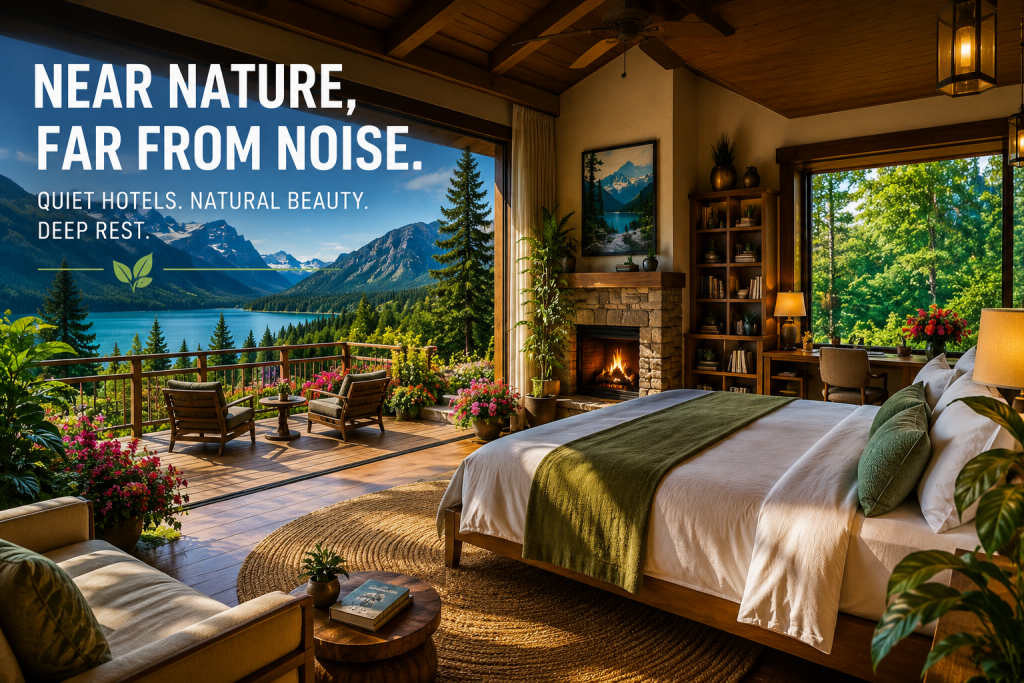 Best Quiet Hotels for Light Sleepers near nature with a bright luxury cabin room, lake view, mountains, flowers, and peaceful forest scenery