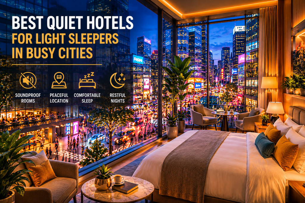 Best Quiet Hotels for Light Sleepers in busy cities with a quiet luxury hotel room overlooking bright traffic, skyscrapers, and lively city lights.