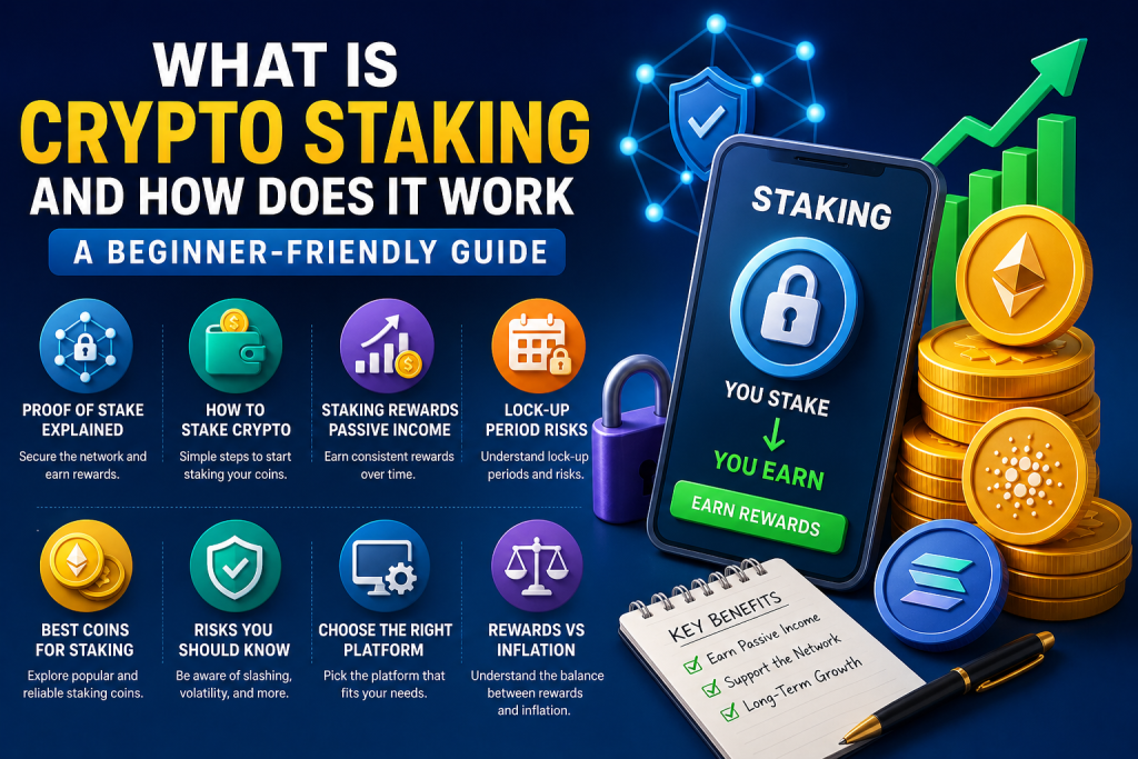What Is Crypto Staking and How Does It Work infographic showing proof of stake, staking rewards passive income, lock-up period risks, and best coins for staking in a beginner-friendly visual guide
