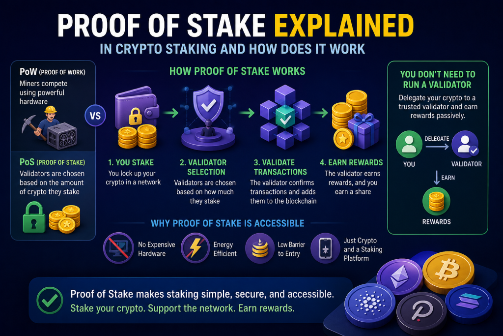 Proof of Stake explained in What Is Crypto Staking and How Does It Work infographic showing staking process, validator selection, transaction validation, and earning rewards through delegated crypto staking
