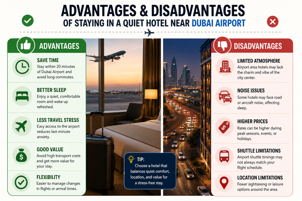 Dubai airport quiet hotel recommendation infographic showing the advantages and disadvantages of staying near Dubai airport