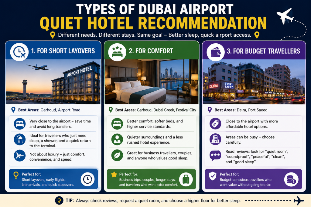 Dubai airport quiet hotel recommendation infographic showing short layover, comfort, and budget hotel options near Dubai airport