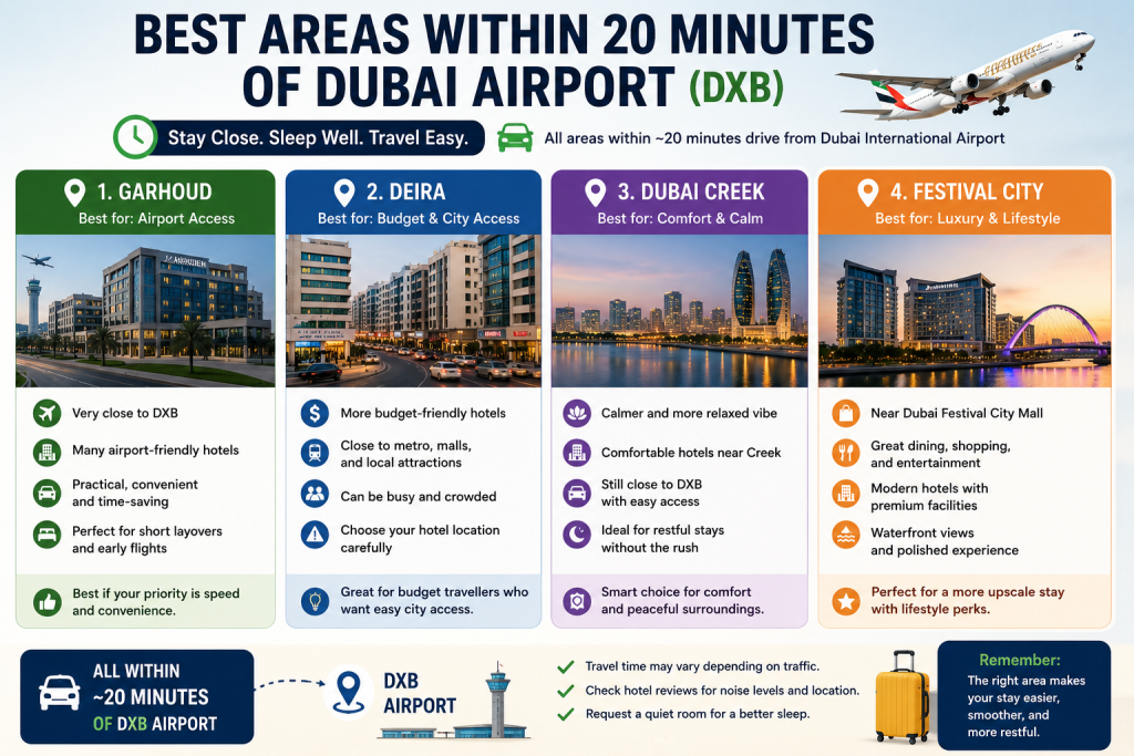 Dubai airport quiet hotel recommendation showing Garhoud, Deira, Dubai Creek, and Festival City as nearby hotel areas.